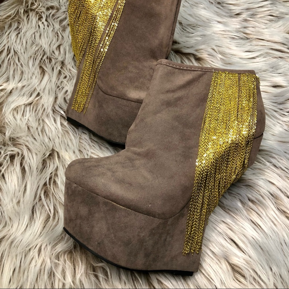 Gold Chain Fringe Platform Wedges